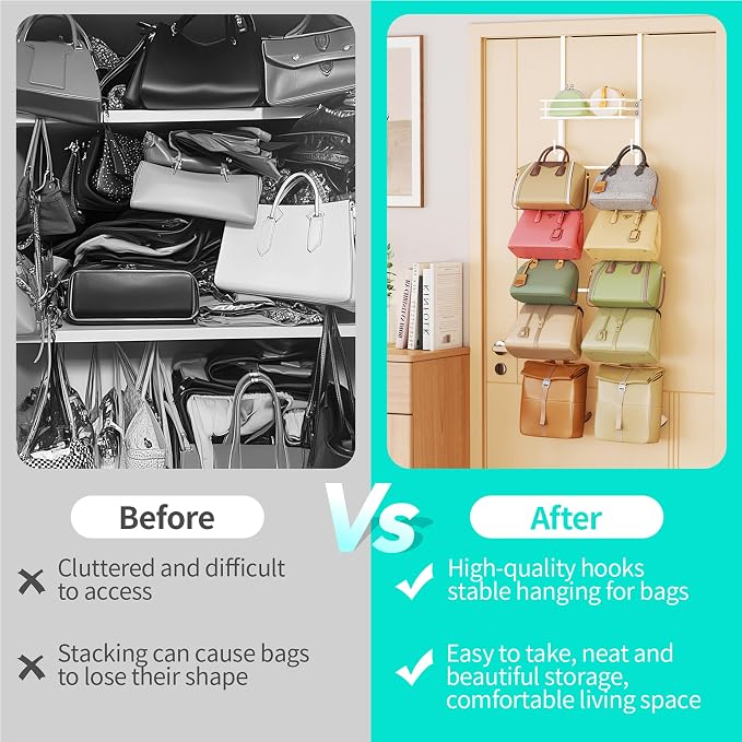 HapiRm Over the Door Purse Organizer - Wall Mounted Purse Rack with 10 Hooks and Metal Basket, Hanging Handbag Organizer Holds up to 10 Bags, Bag Rack Can Use As 1/2 Part, for Door, Closet (White)