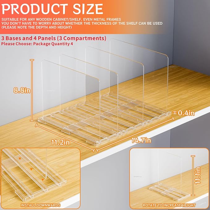 Yieach Clear Acrylic Shelf Dividers for Closet Organization,4 Pack Adjustable Bags,Clutch,Purse Organizer and Storage,Handbag Organizer for Closets,Purse Divider,8.8″ Tall Sweater,Tshirt,Towel Divider
