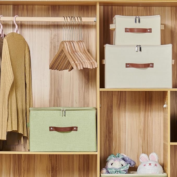 Storage Bins with Zipper Lid Cotton Linen Fabric Lidded Storage Baskets Boxes Foldable Washable Closet Shelf Clothes Organizer Container with PU Leather Handles (Green, Small Size)
