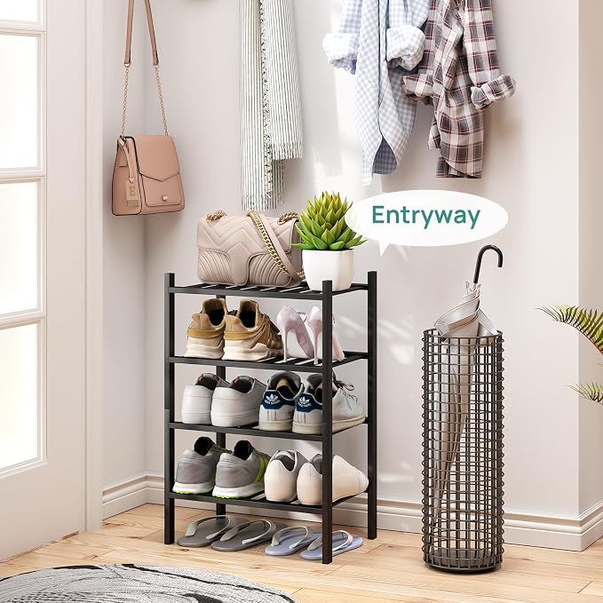 viewcare Black Small Shoe Rack for Entryway, 4-Tier Bamboo Shoe Organizer for Hallway Closet, Free Standing Shoe Racks for Indoor Outdoor