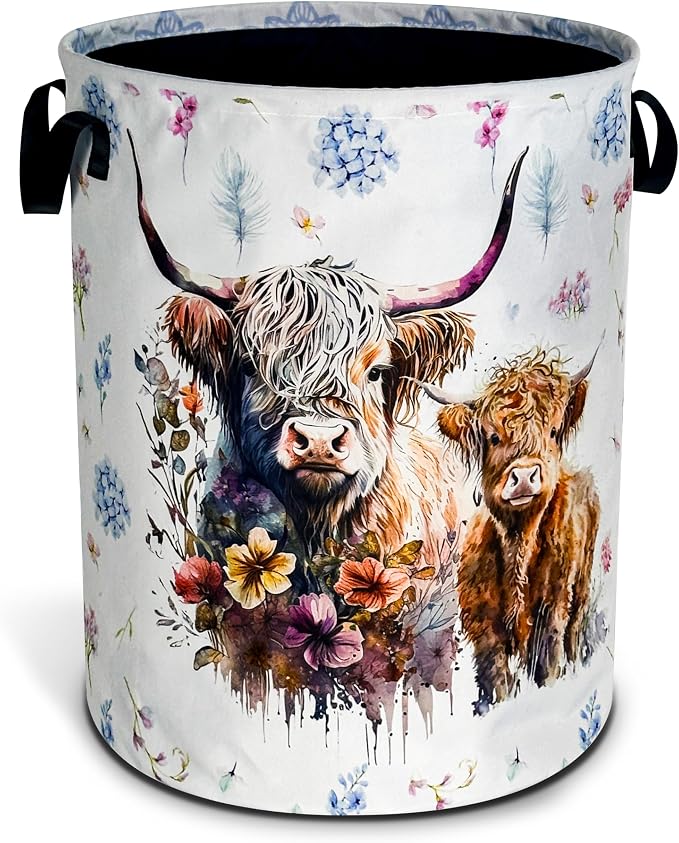 Highland Cow Laundry Basket Cattle Animal Foldable Oxford Cloth Funny Tote Bag Laundry Hamper Clothes Storage Bucket Organizer For Bathroom/Laundry Storage/Bedroom 18.9x16.5 Inch