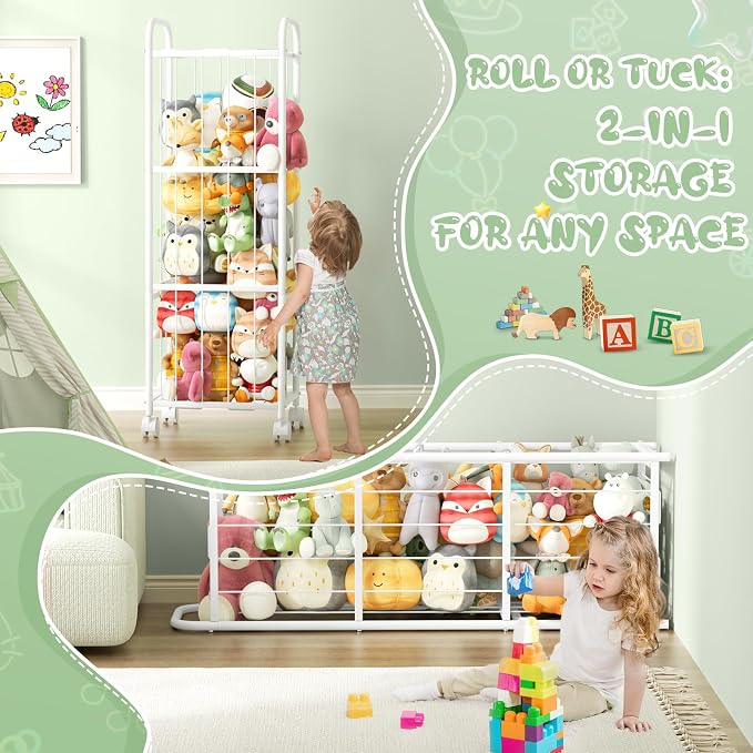 Stuffed Animal Storage, Metal Tube Toy Storage Organizer Extra Large Stuffed Animal Holder With Brake Wheels, Stuffed Animal Zoo Organizer For Nursery Playroom Kids Room White(53.5” x 18.1”x 13”) 13”)