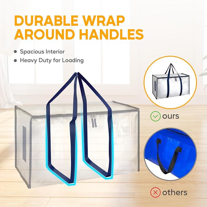 HealSmart 6 Pack Large Moving Bags with Zippers & Handles, Moving Supplies with lids, Heavy Duty Totes for Space Saving, Fold Flat, Moving and Storing, Clear