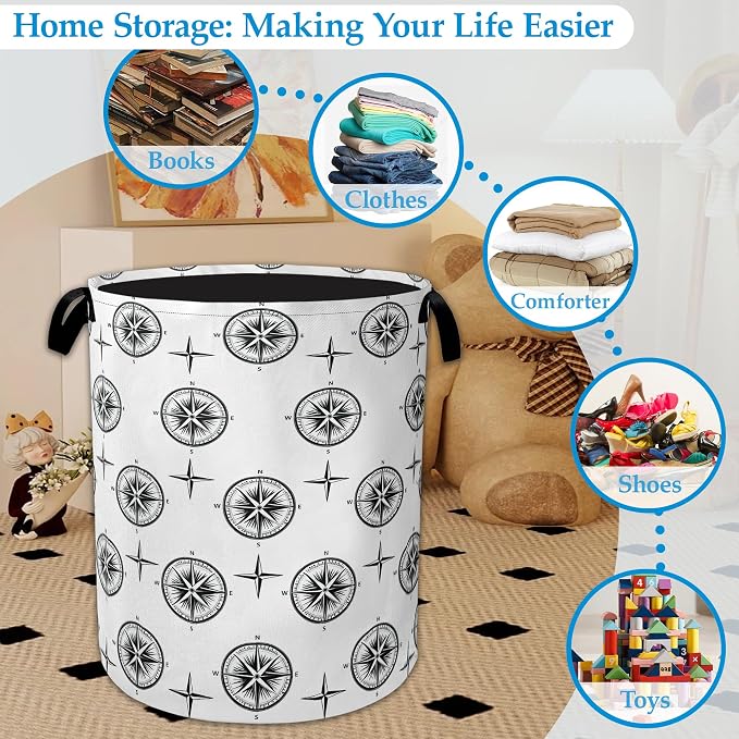 Black Compass Laundry Basket Collapsible Laundry Hamper Clothes Storage Bin for Bathroom Bedroom Room Decor 16" X 20.8"