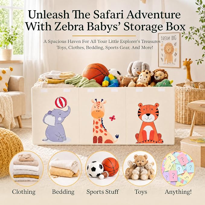 Zebra Baby Toy Storage Organizer for Kids and Toddlers, 40" x 13.5" x 16.5" - Large Collapsible Toy Chest for Living Room - Box, Bin, Organizer for Boys and Girls, Extra Big