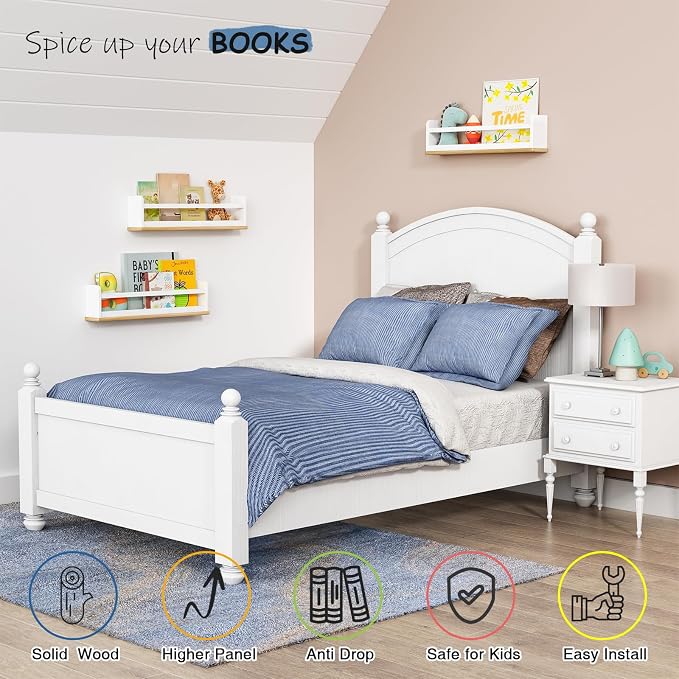 Harwaya Floating Nursery Book Shelves for Wall, 24 Inch Long Wall Bookshelf for Kids Room, White and Natural Wood Hanging Bookshelves for Baby Toddler Childrens Kids Bedroom Bathroom (Set of 3)