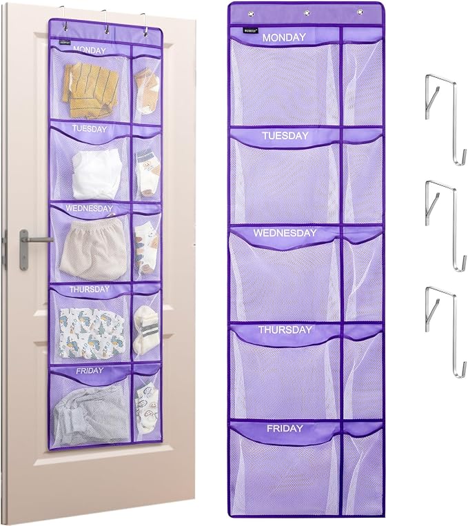 Weekly Clothes Organizer for Kids, Monday to Friday Hanging Closet Organizer, 5-Shelf Large Capacity School Storage with Side Pockets, Purple (Quantity 2)