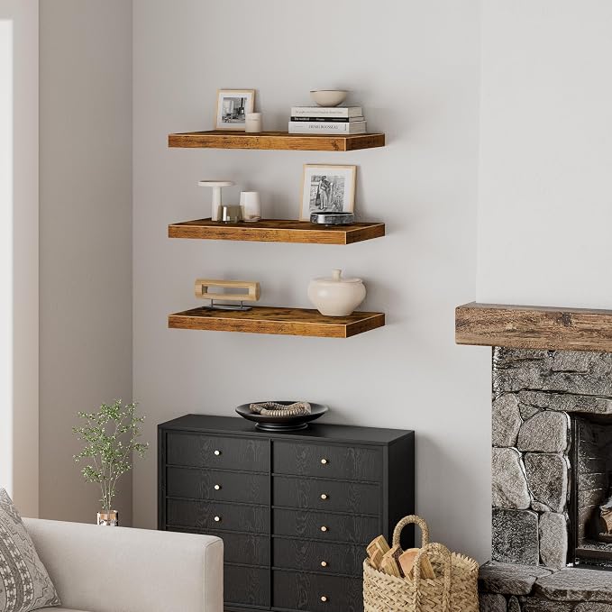 QEEIG 12" Deep Floating Shelves for Wall - 12 x 24 inch Book Shelf Bathroom Bedroom Kitchen Living Room Hanging Bookshelf Farmhouse Set of 3, Brown (026-60BN3)