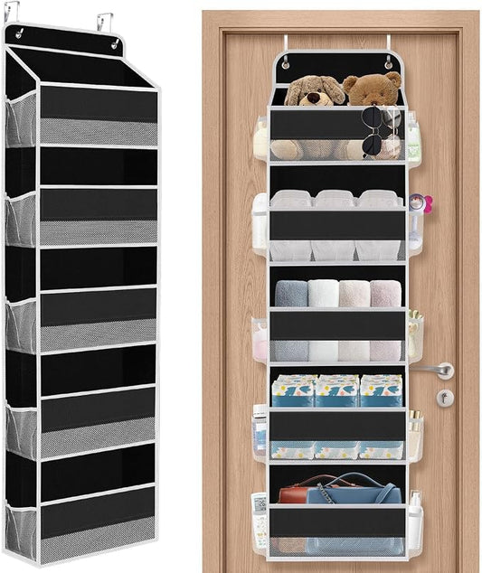 SpaceHacks 1 Pack Over The Door Organizer, Hanging Storage Organizer with Clear Window, 40lb Ultra Sturdy Large Capacity Room Organizer for Pantry Laundry Bathroom Nursery Closet (Black)