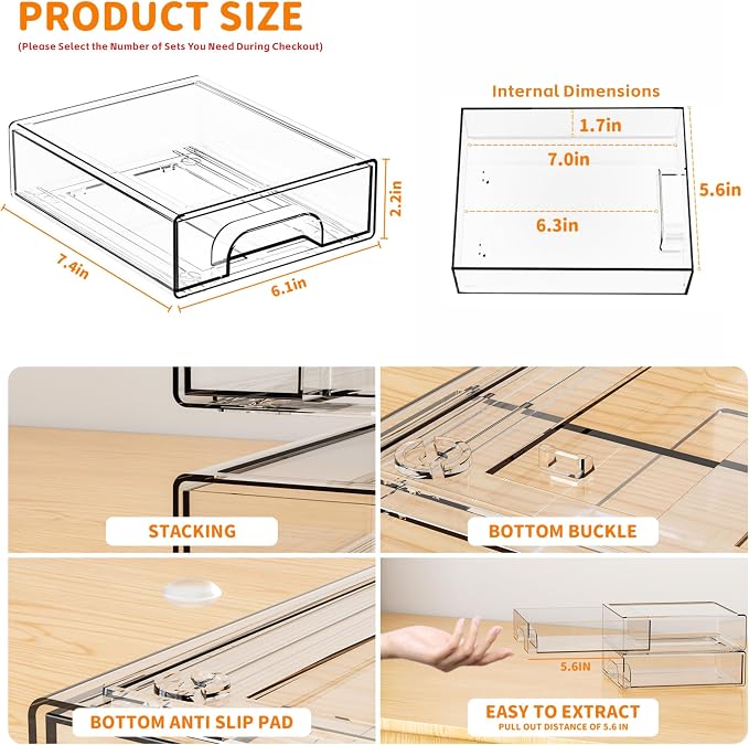 Yieach 12 Pack Clear Stackable Storage Drawers,2.2'' Acrylic Drawer Organizers for Countertop,Office Supply Organizer and Makeup Organizer,Small Plastic Drawers For Pen,Art Crafts Storage,Stationary
