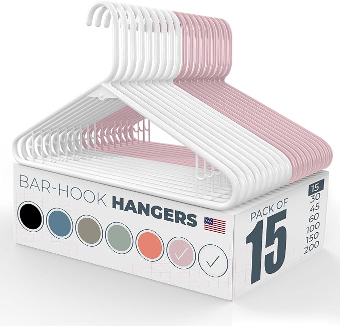 Plastic Hangers 15 Pack - Made in the USA - 6lb Capacity Standard Clothes Hangers with Strap Hooks for Dresses, Lingerie, Shirts, Pants, and Jackets - White & Pink