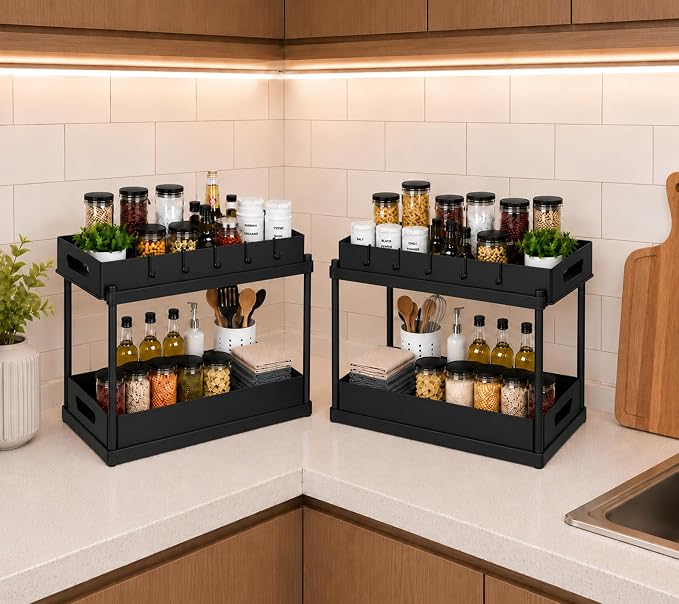 2 Pack Under Sink Organizer, Pull-Out Cabinet Storage Organizers for Bathroom & Kitchen, Multi-Purpose Under Counter Shelf Rack for Cleaning Supplies, Bottles & Toiletries, Cabinet Organizer-Black