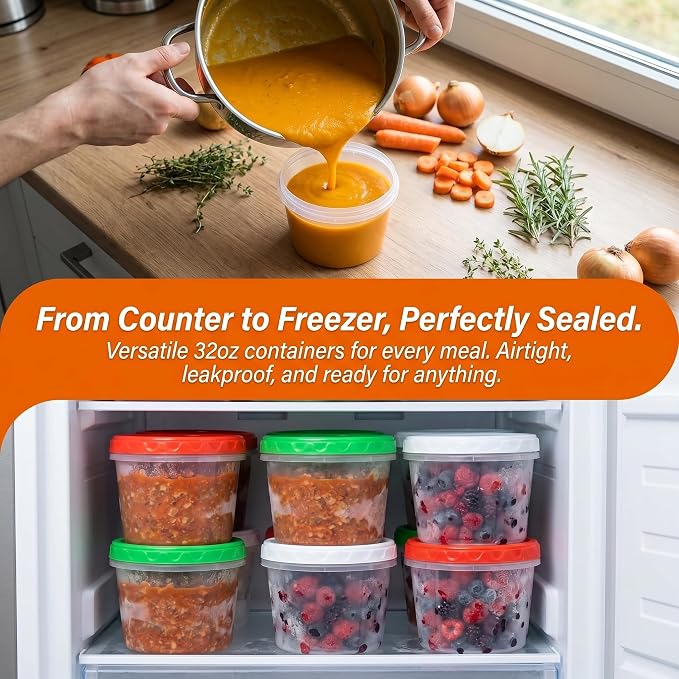 EONJOE 32oz Plastic Freezer Food Leftovers Containers with Lids, 12pcs | Reusable ,Airtight & BPA-free for fresh food. Dishwasher/freezer safe, perfect for daily meal prep, portion control
