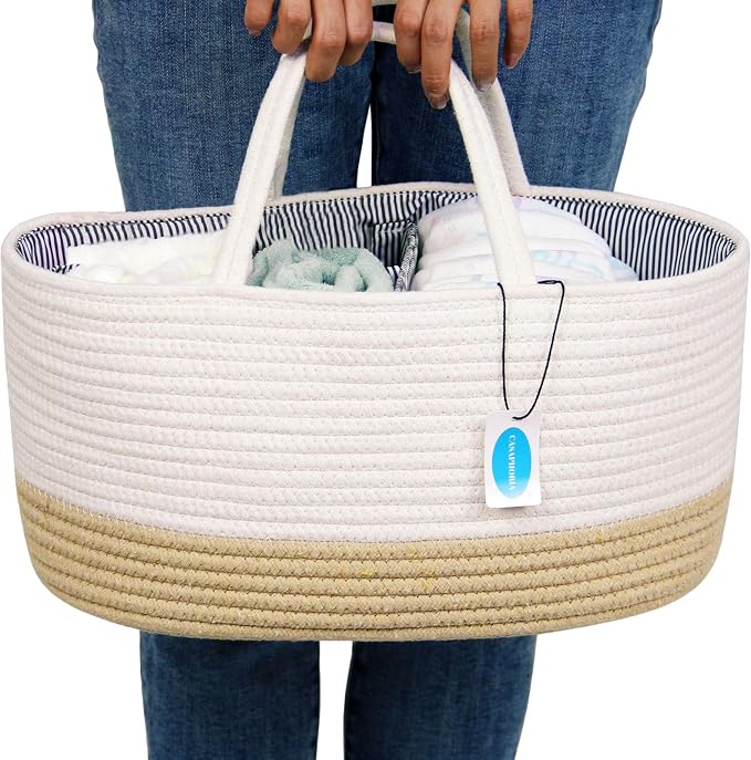 Casaphoria Caddy Organize Woven Cotton Rope Basket Caddy with Removable Inserts Towels, Portable Soft Baskets, White and Yellow
