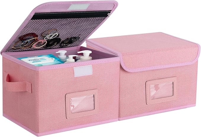 2 Pack Small Storage Box, Storage Basket with Lid, Foldable Cotton Linen Fabric Keepsake Box, Organizer Container with Zipper for Decorative, Medicine, Greeting Card Organizer, Pink