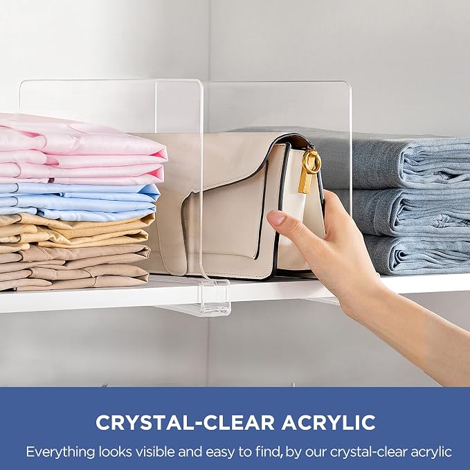 4 Pack 12 Inches [Extra Tall Version] Clear Shelf Dividers for Organization, Acrylic Closet Shelf Vertical Shelves Organizer for Bedroom, Kitchen and Office