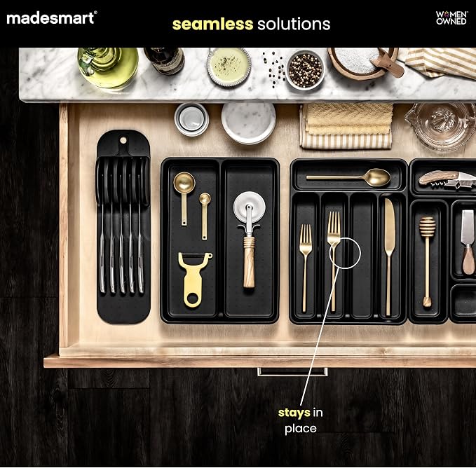 madesmart Small Silverware Tray, Compact 5 Compartment Flatware Organizer for Forks, Knives & Spoons, Non Slip, Soft Grip Lining, Fits Small Drawers, Carbon