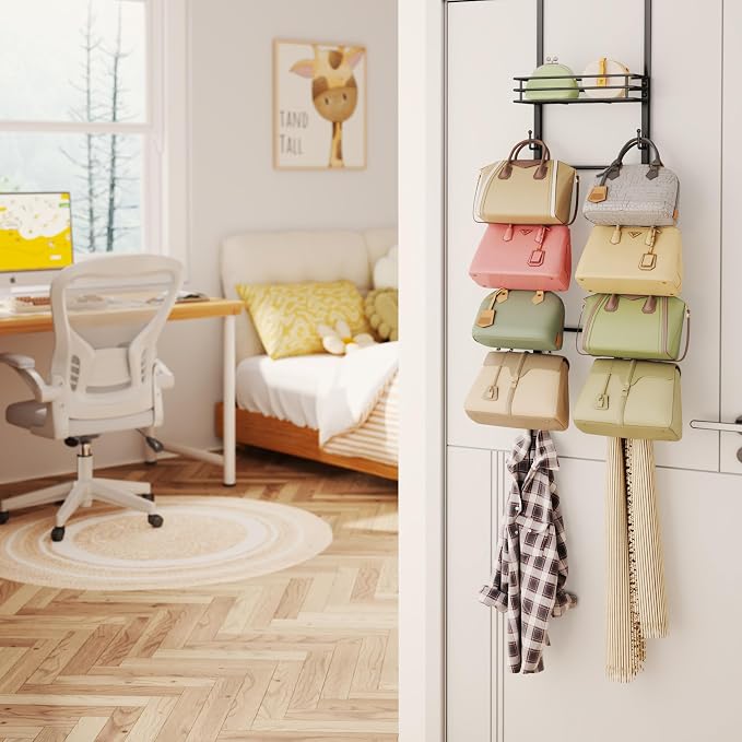HapiRm Over The Door Purse Organizer - Wall Mounted Purse Rack with 10 Hooks and Metal Basket, Hanging Handbag Organizer Holds up to 10 Bags, Bag Rack Can Use As 1/2 Part, for Door, Closet (Black)