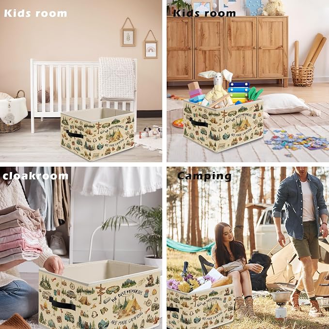 Camping Camper RV Storage Bin Box with Handles, Adventure Camping Campfire Foldable Organizer Basket Toybox for Teen Boys Room Classroom Playroom Bathroom Clothes Toys Books
