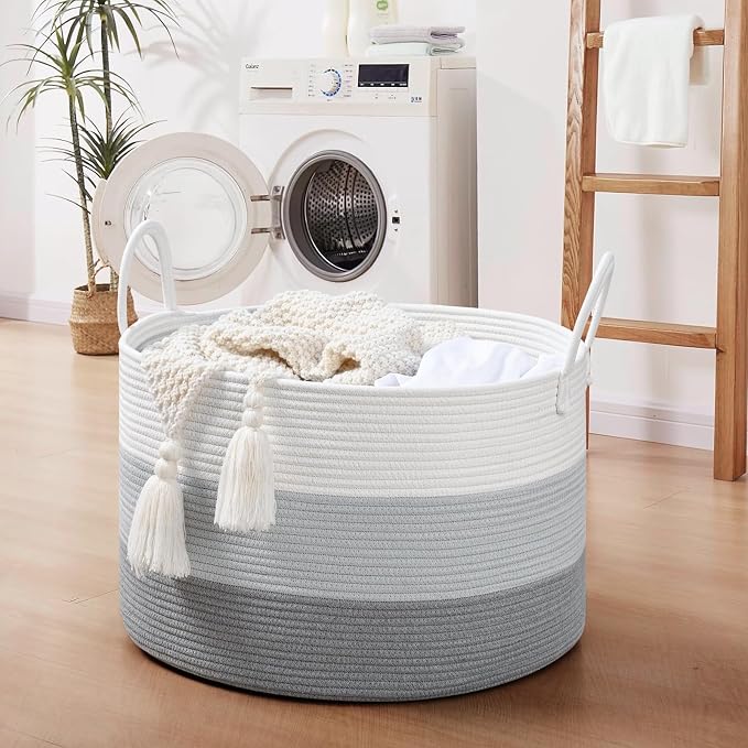 67L Large Woven Blanket Basket, Cotton Rope Baby Laundry Hamper with Handles, Kids Toy Basket for Classroom & Nursery, Soft Round Stuffed Animal Storage, Dog Toy Bin - 20"x13", Gray