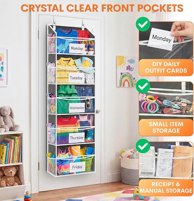 Ofiray-home 2 Pack Over Door Organizer with 5 Large Pockets, 5 Transparent Front Pockets & 10 Mesh Side, 50 lbs Weight Capacity Hanging Storage for Toys, Shoes, Diapers, Pantry