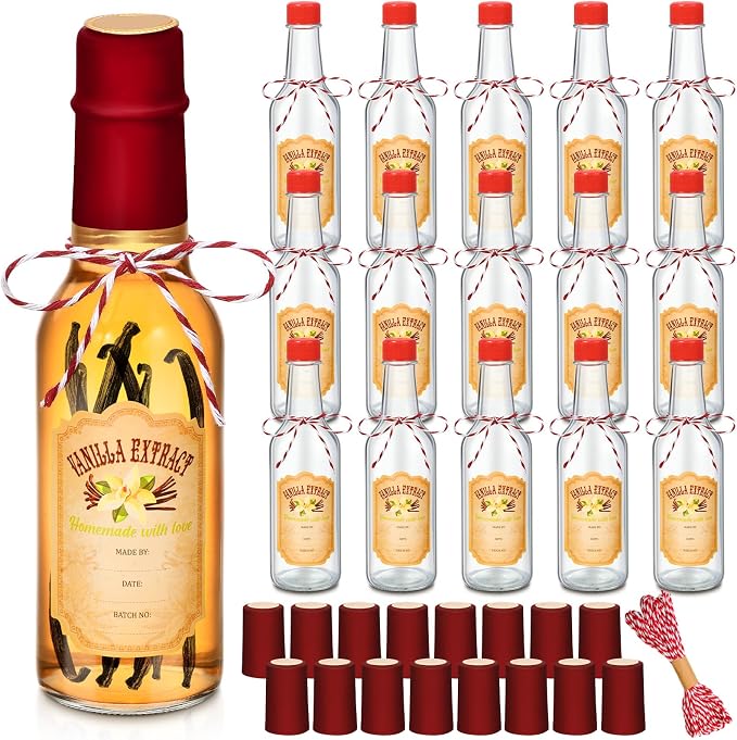 Tioncy 16 Pcs Empty Vanilla Extract Bottles for Homemade Vanilla Jar Glass Bottle with Cap, Shrink Band, Sticker DIY Crafts Wedding Gift Food Storage Canister for Bean(Red,3 oz)