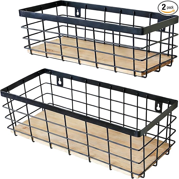 ShabbyDecor Metal Wire Basket for Kitchen Cabinet Pantry Bathroom Set of 2 | Detachable Wood Base, Farmhouse Hanging Basket, Storage Organizer for Kitchen, Cabinet, Bathroom, Pantry, Laundry Room