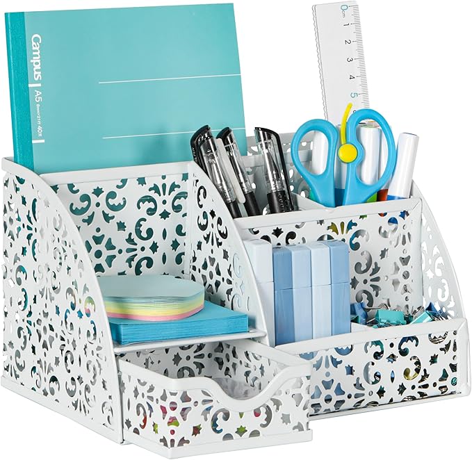 EasyPAG Desk Organizer and Pen Holder for Desk, Mesh Office Supplies Storage Caddy with Drawer for Small Space, Desktop Organizer for Home Office, White