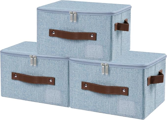 ANMINY 3PCS Storage Bins with Zipper Lid Storage Boxes with Label Holder PU Leather Handles Washable Foldable Decorative Lidded Cotton Linen Fabric Cubes Baskets Closet Organizer - Blue, Small