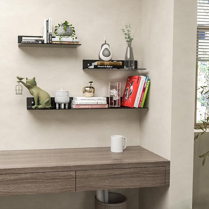 15 Inches Black Acrylic Wall Shelves 4 Pack, Perspex Wall Mounted Shelves for Home Décor, Space Saver