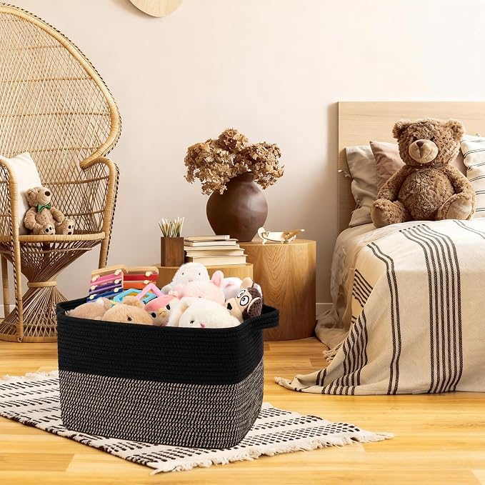 OIAHOMY Woven Storage Basket for Shelves, Rectangle Cotton Rope Baskets for Organizing, 16 x 12 x 10 in, Storage Bins for Dog Toys,Towel,Books,Gift,Black and Brown