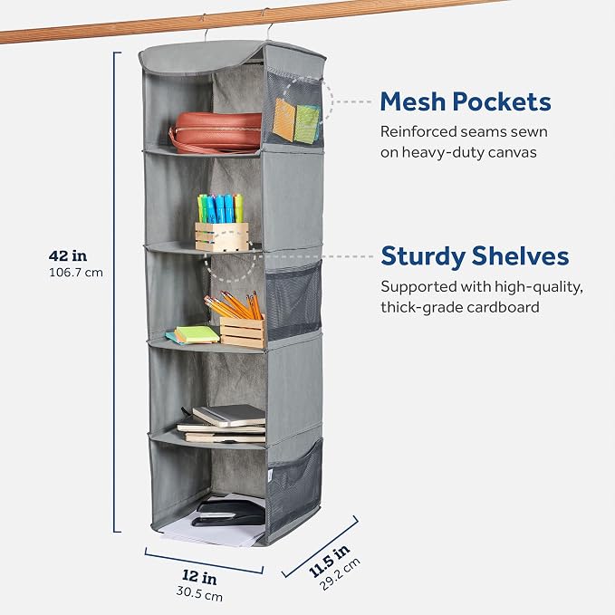 ZOBER Hanging Closet Organizer, 5-Shelf - Hanging Storage Organizer Shelves for Clothes, Towels, Toys - College Dorm Room, Nursery, & Home Closet