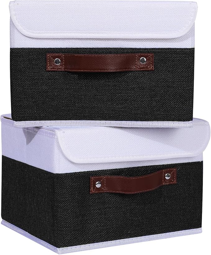ANMINY 4PCS Storage Boxes with Lid Washable Decorative Storage Bins Basket with PU Leather Handle Foldable Linen Fabric Storage Cubes Containers for Home Closet Organizer - Black White, Small Size