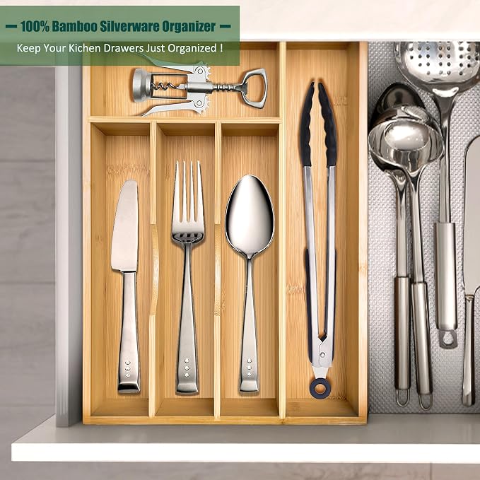 guiogc Bamboo Silverware Drawer Organizer, Silverware Organizer, Silverware Utensil Tray Holder and Cutlery Tray for Flatware and Kitchen Utensils