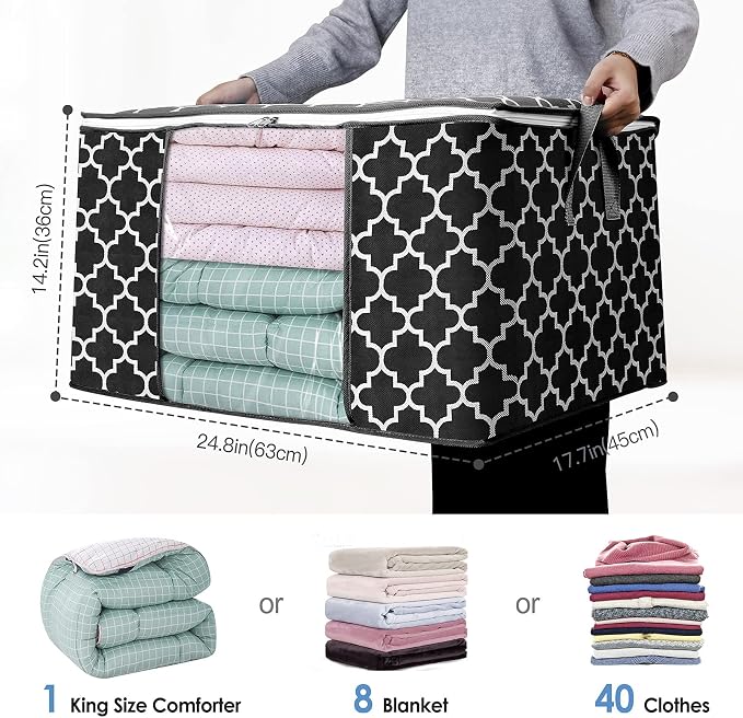 WISELIFE Storage Bags 100L 3-Pack Large Blanket Clothes Organization and Storage Containers for Bedding, Comforters, Foldable Organizer with Reinforced Handle, Clear Window, Sturdy Zippers, Black