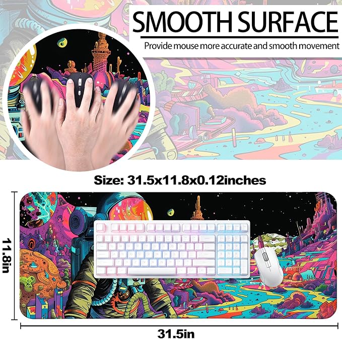 Fantasy Planet Space Gaming Desk Mat, Computer Keyboard Large Extended Astronaut Mouse Pad for Office and Home, 31.5×11.8 Inches, XL