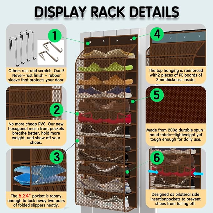 Kotkn Over The Door Shoe Organizer with 12 Large Breathable Pockets - Durable Hanging Storage for the Entire Family's Shoes (Espresso)