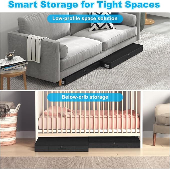 Under Bed Storage Container Bins 2 Pack, 4.5 Inch Slim Low Profile Underbed Clothes Storage Organizer for Dorm & Home, Use for Blanket and Toy Storage Box W/ Sturdy Bottom/Sides, Foldable Thick Fabric