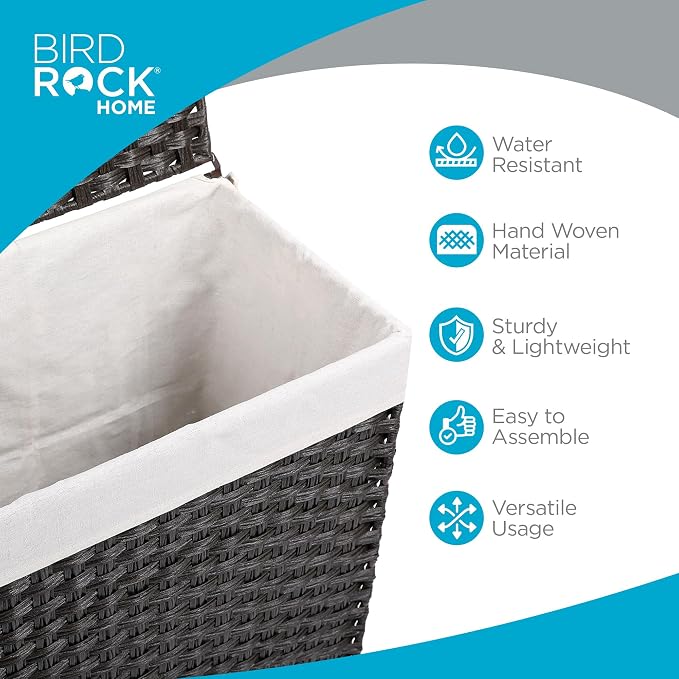 BIRDROCK HOME Single Laundry Hamper with Lid - Brown - Liner Bag - Hand Woven - Small Collapsible Hampers - Foldable Bin - Synthetic PE Rattan - Hand Woven - Clothes Basket