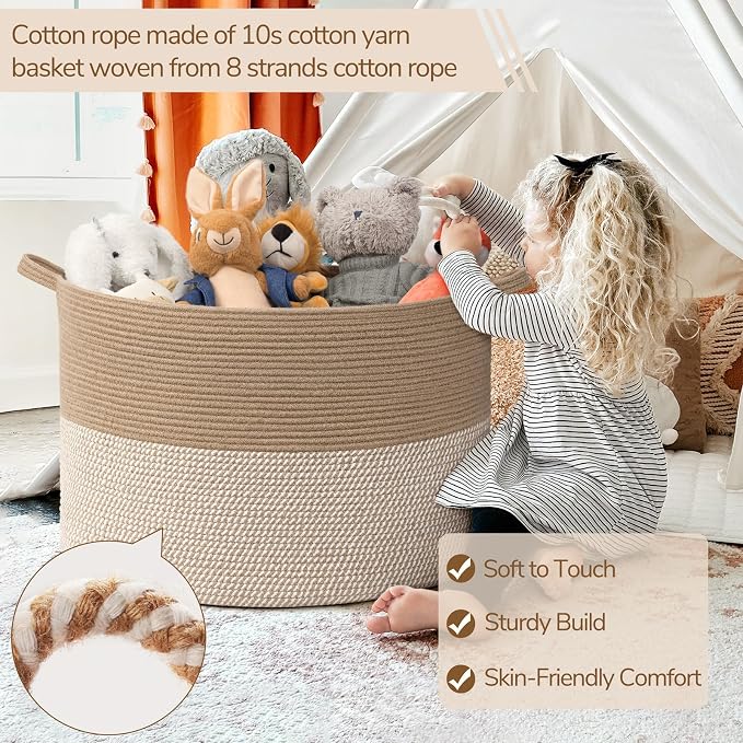 INDRESSME 115L Extra Large Woven Baskets for Storage, Wicker Basket for Living Room Decor Laundry Baskets for Blankets Clothes Pillows Towel Shoe Basket for Entryway, White & Jute
