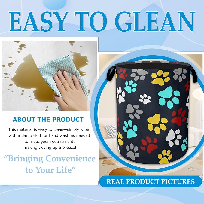 Colourful Paw Prints Laundry Basket Collapsible Laundry Hamper with Handle, Oxford Clothes Storage Bin for Bathroom Bedroom Room Decor 16" X 20.8"