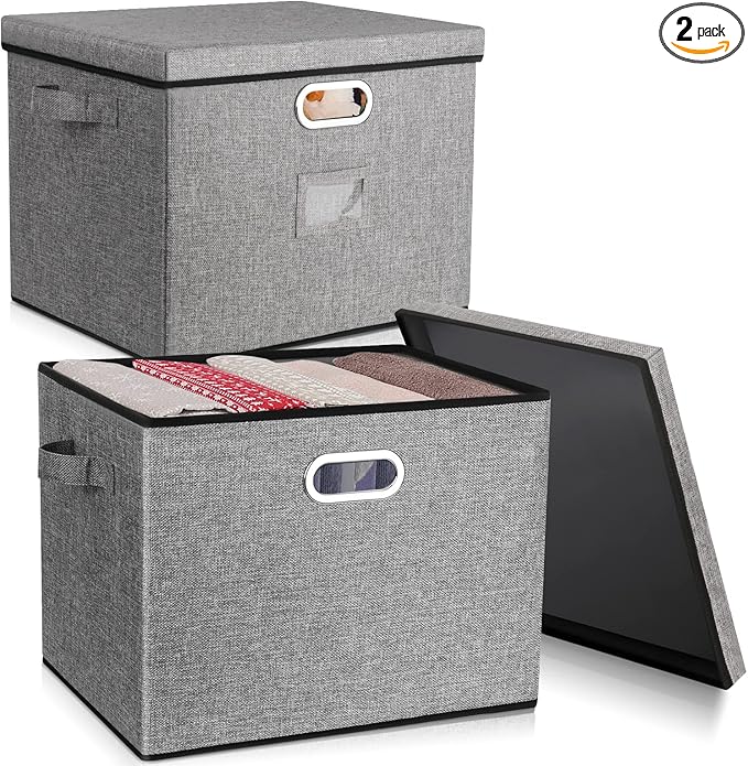 Lukeline Collapsible Storage Bins with Lids, 2-Pack Foldable Fabric Linen Storage Boxes Cube, Closet Organizer Storage Basket with Label for Home Bedroom Office(17 x 13 x 13, Gray)