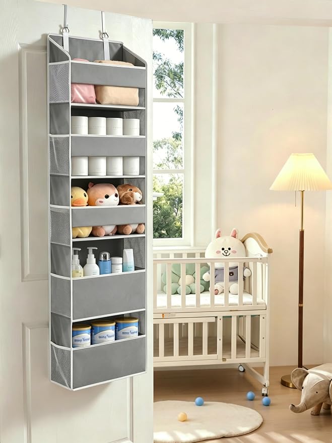 5 Tiers Over The Door Organizer Hanging - EXTRA THICK & 50lbs HUGE CAPACITY, 10 Side Mesh Pockets Over The Door Shoe Organizer, for Closet, Diaper Organizer, Bedroom, Bathroom,Nursery (Grey, 1pc)
