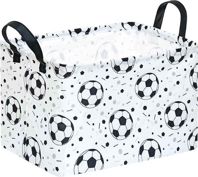 Kids Storage Basket with Soccer Print, 14.5" x 10.2" x 9.1", Waterproof with Leather Handles, Collapsible Rectangular Bin for Boys Sports Gear, Toys & Laundry