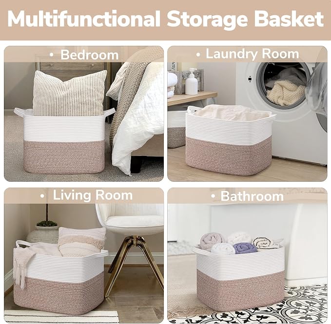 Goodpick Woven Baskets for Organizing, Rectangle Toy Baskets Storage Kids, Rope Storage Basket with Handles, Large Blanket Basket for Living Room, 18 x 14 x 12 Inches