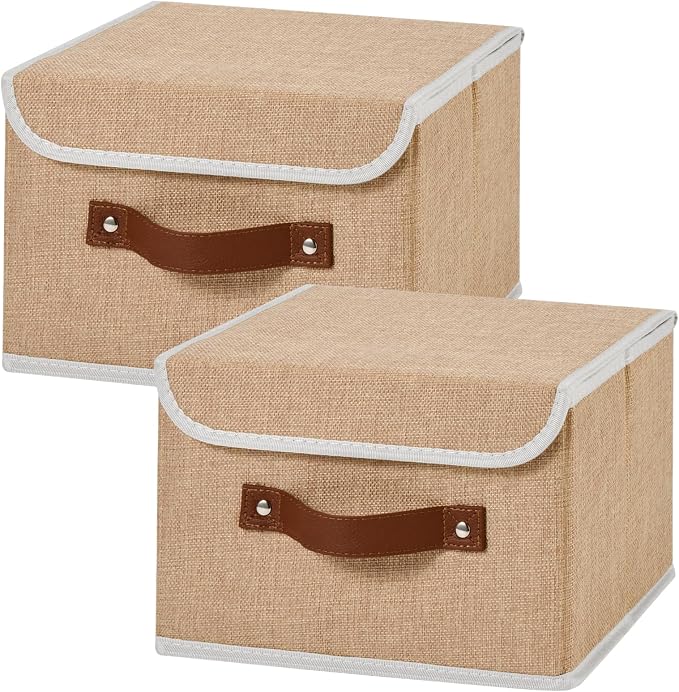 2PCS Collapsible Storage Boxes Baskets with Lid Cotton Linen Fabric Storage Bins with Faux Leather Handles Washable Cube Organizer Container for Home Closet Bedroom (Linen, Small Size)