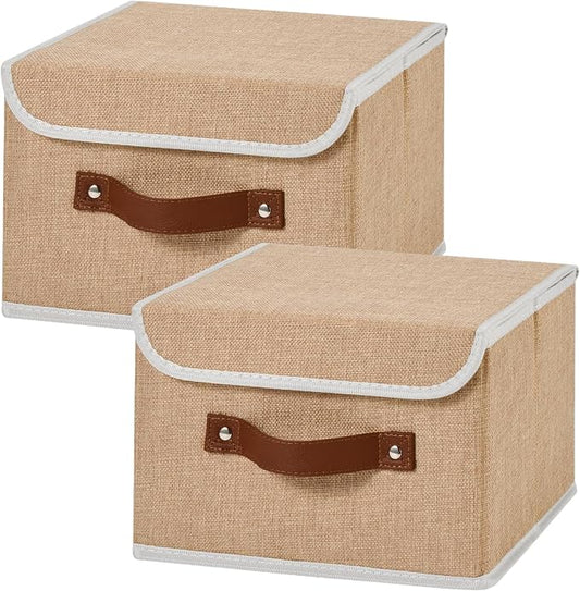 2PCS Collapsible Storage Boxes Baskets with Lid Cotton Linen Fabric Storage Bins with Faux Leather Handles Washable Cube Organizer Container for Home Closet Bedroom (Linen, Small Size)
