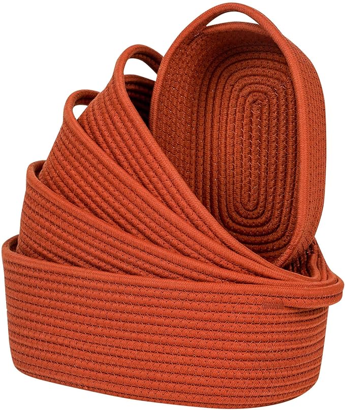 CubesLand Small Storage Basket Cotton Rope Organizer Baskets for Shelves | Set of 5 Decorative Closet Storage Bins with Handle for Countertop, Toilet Paper Basket for Toilet Tank Top, Rust Basket