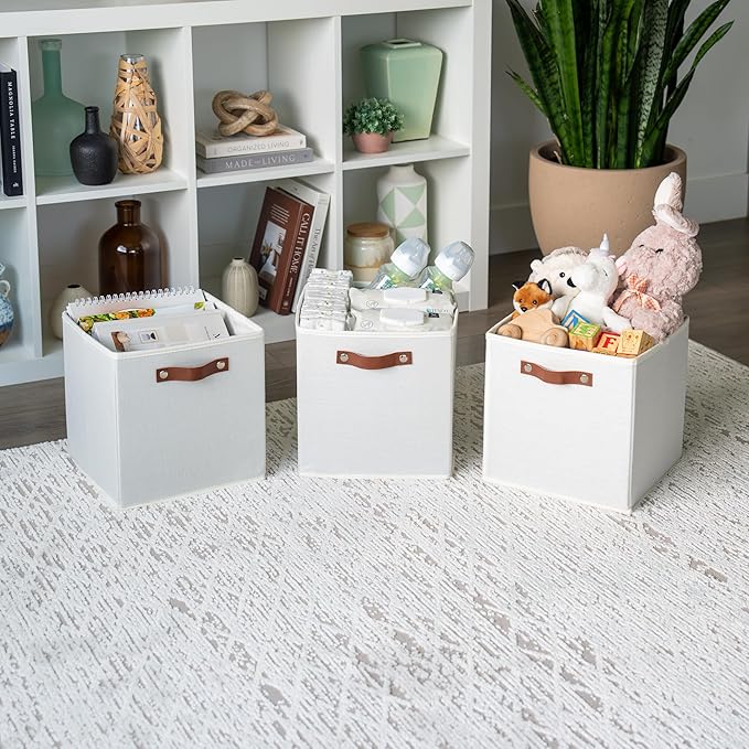 OrganiHaus 11x11 Cube Storage Bins, Set of 4 - Fabric Storage Cubes | Sturdy, holds its shape; odor-free; fits ClosetMaid 11-inch shelves; vegan leather handles