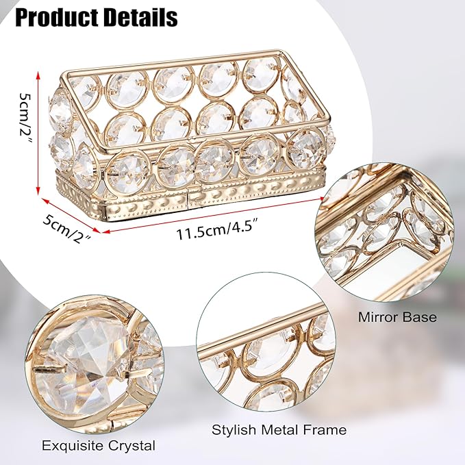 Hipiwe 2 Packs Crystal Business Card Holder with Gold Metal for Office Desk | Bling Business Card Display Stand for Women, Name Cards Storage Organizer with Mirror Base